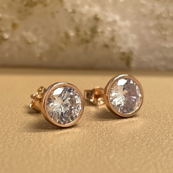 Diamond Stud Earrings, Sterling Silver with 14k Rose Gold, Bezel Stud Earrings - Picture 4 of 11